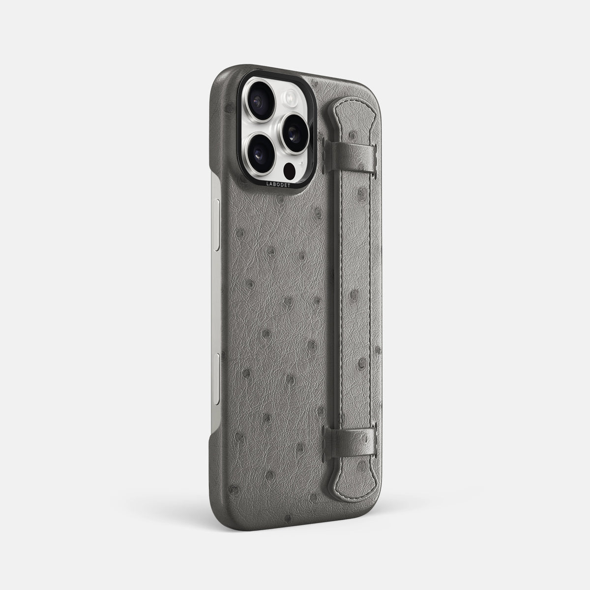 Grey iPhone 16 Pro Max Handle Case Ostrich with Black Metal -2 | Grey-Black