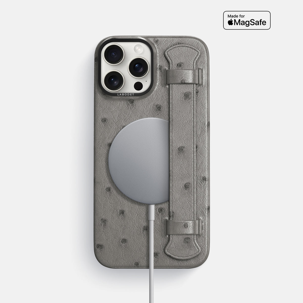 Grey iPhone 16 Pro Max Handle Case Ostrich with Black Metal -5 | Grey-Black