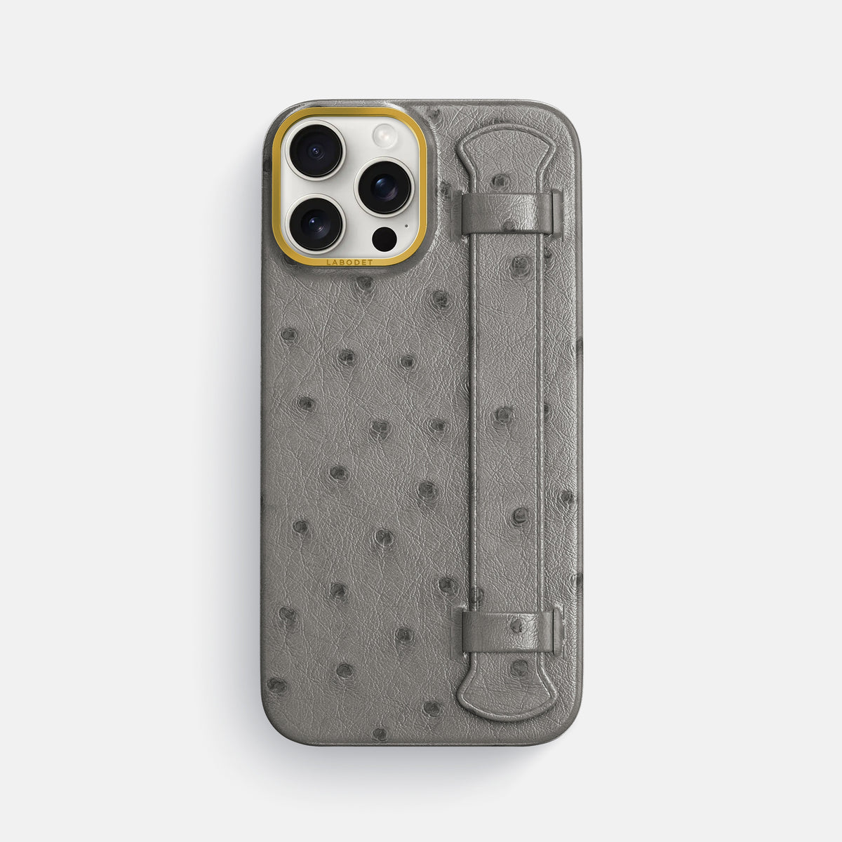 Grey iPhone 16 Pro Max Handle Case Ostrich with Gold Metal -1 | Grey-Gold