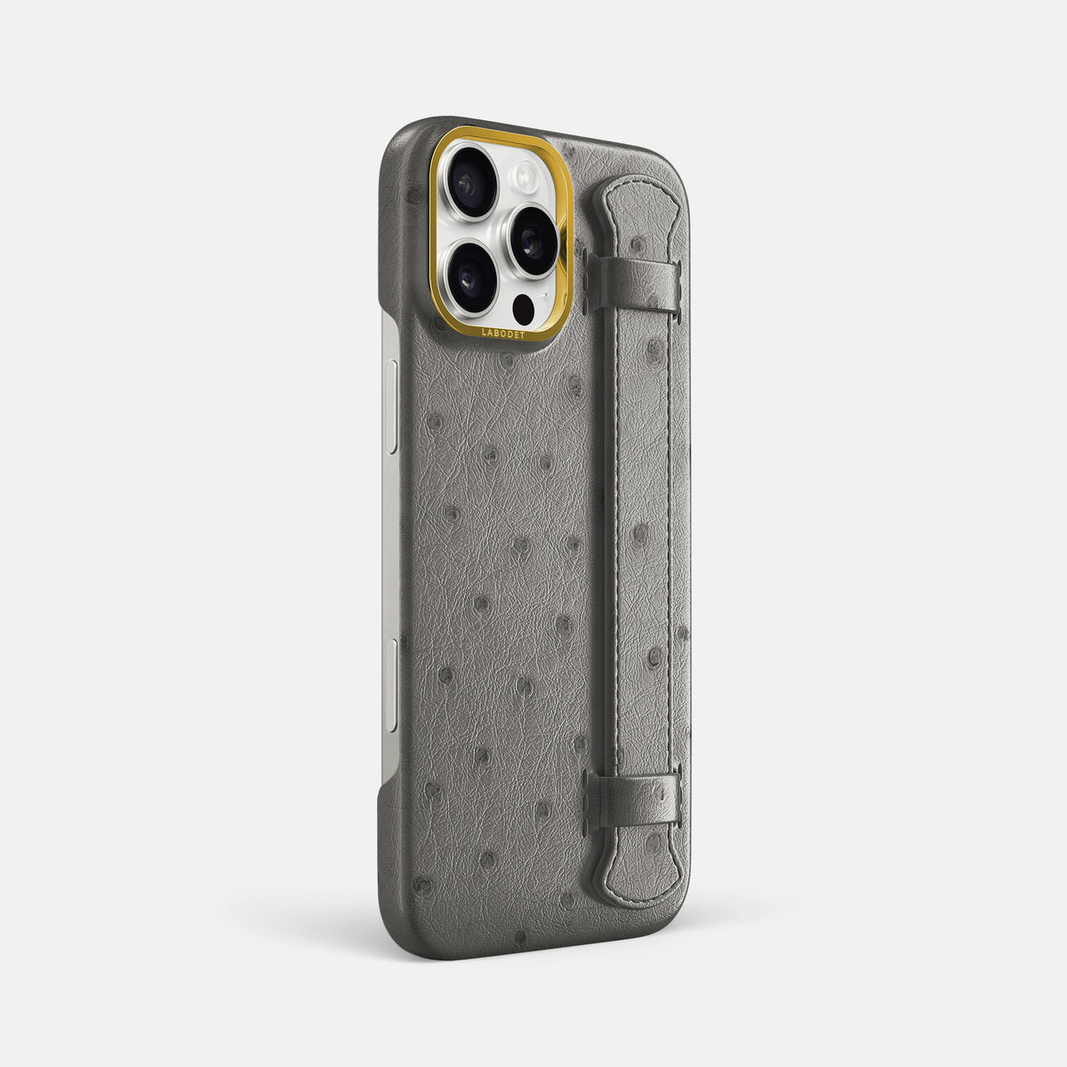 Grey iPhone 16 Pro Max Handle Case Ostrich with Gold Metal -2 | Grey-Gold