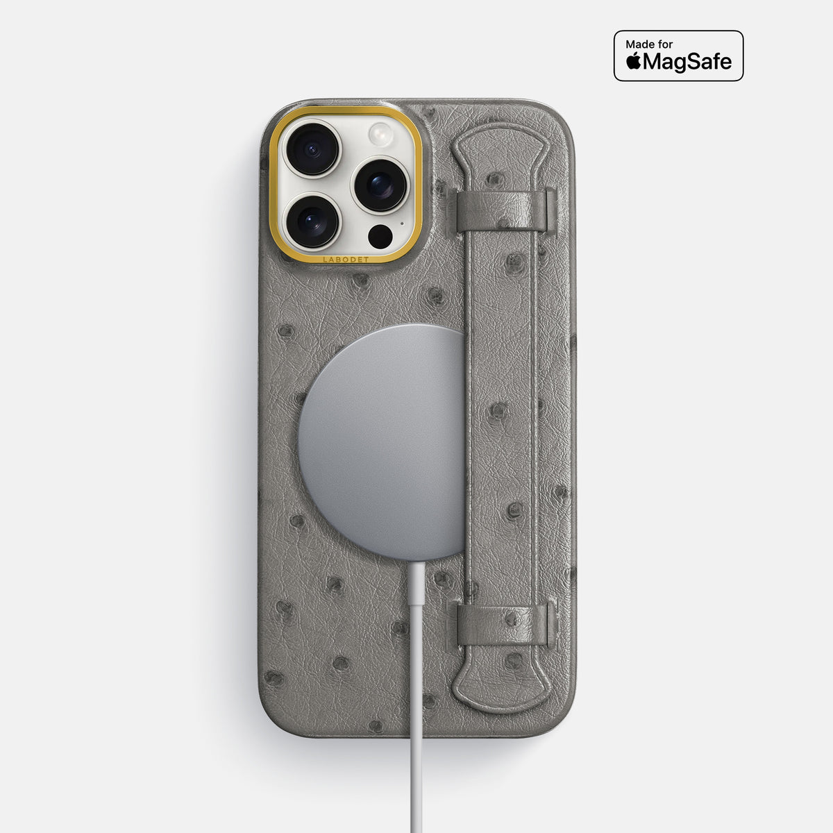 Grey iPhone 16 Pro Max Handle Case Ostrich with Gold Metal -5 | Grey-Gold