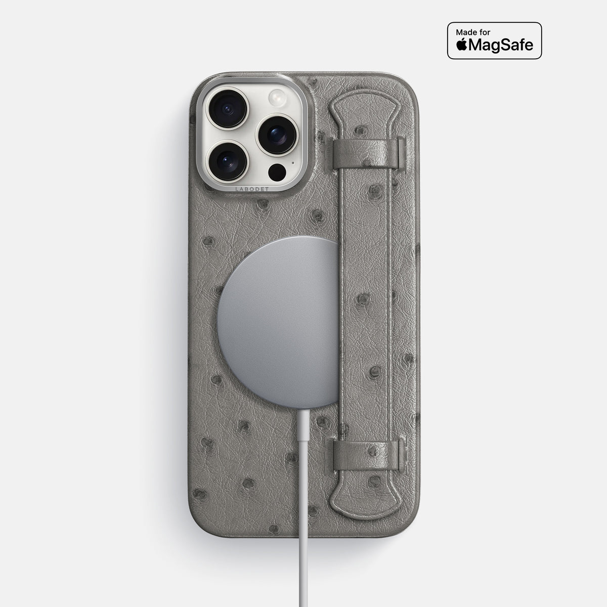 Grey iPhone 16 Pro Max Handle Case Ostrich with Steel Metal -5 | Grey-Steel