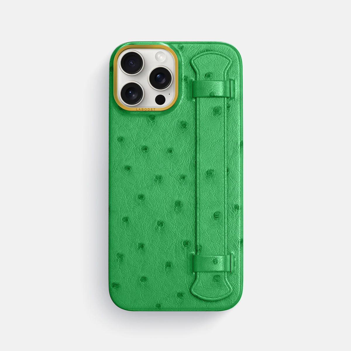 Kentucky Green iPhone 16 Pro Max Handle Case Ostrich with Gold Metal -1 | Kentucky-Green-Gold