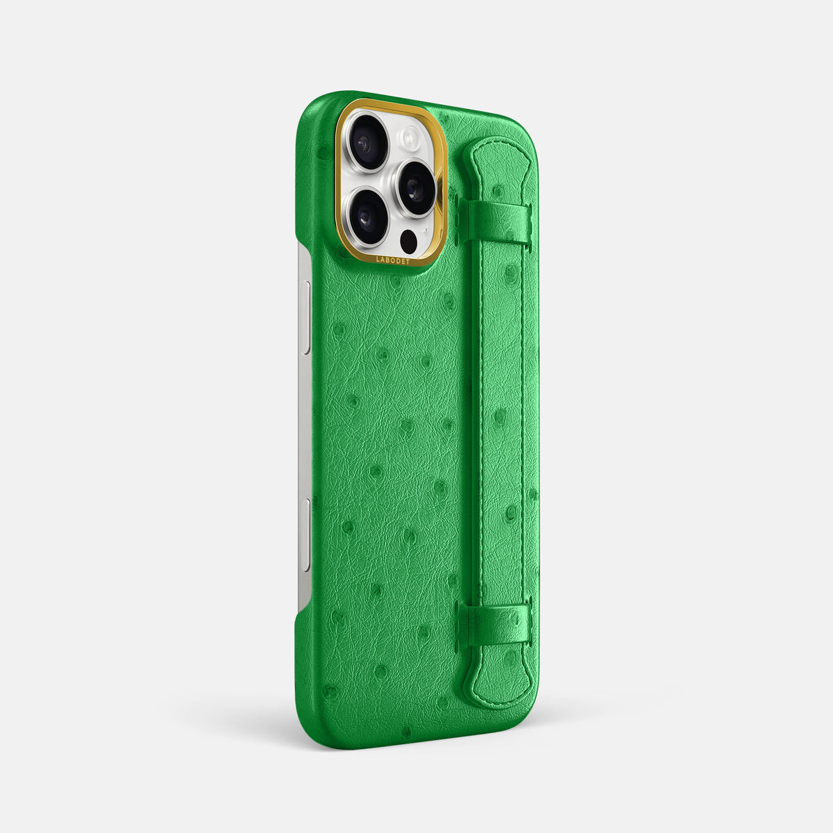 Kentucky Green iPhone 16 Pro Max Handle Case Ostrich with Gold Metal -2 | Kentucky-Green-Gold