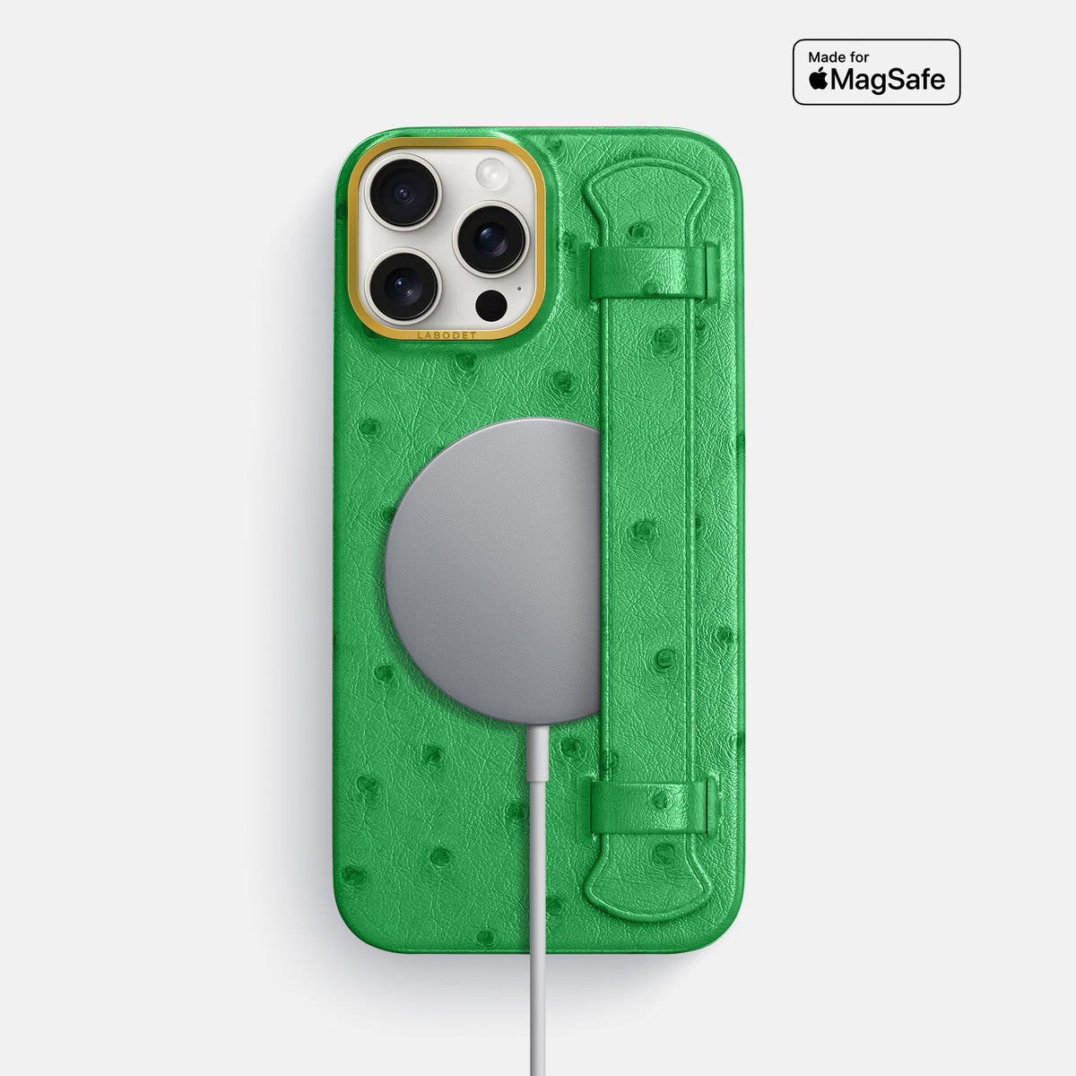 Kentucky Green iPhone 16 Pro Max Handle Case Ostrich with Gold Metal -5 | Kentucky-Green-Gold