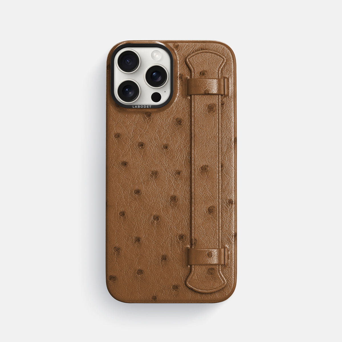 Medium-Brown iPhone 16 Pro Max Handle Case Ostrich with Black Metal -1 | Medium-Brown-Black