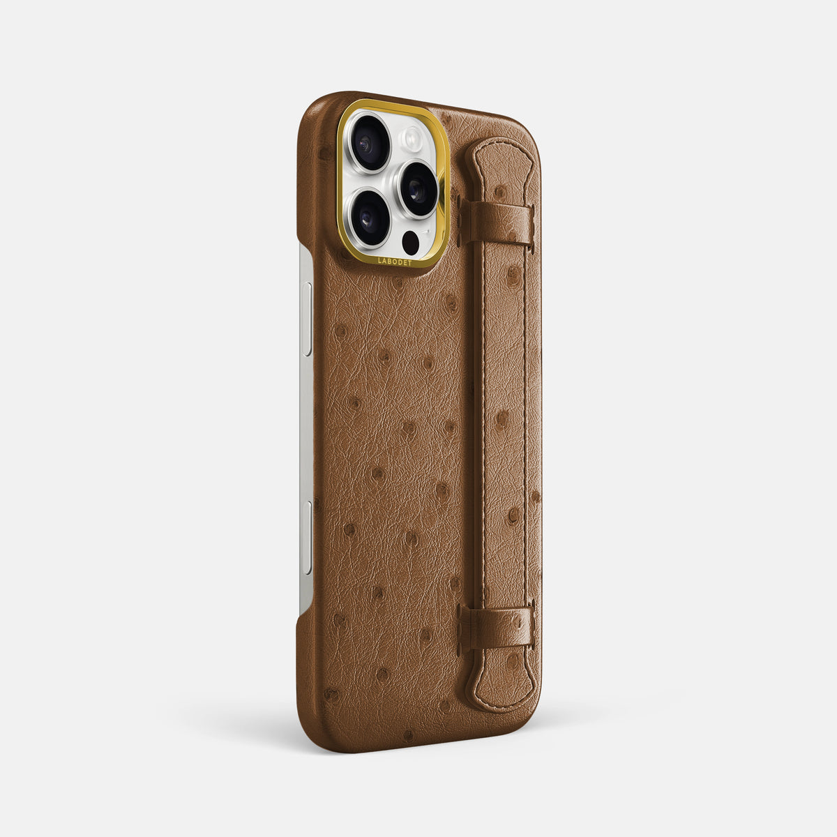 Medium-Brown iPhone 16 Pro Max Handle Case Ostrich with Gold Metal -2 | Medium-Brown-Gold