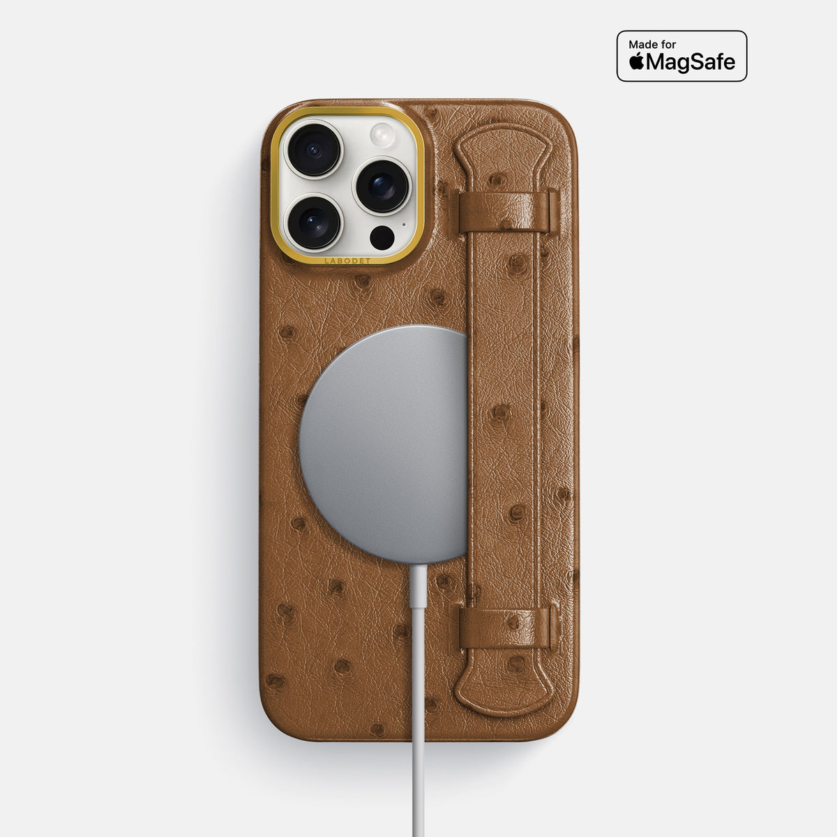 Medium-Brown iPhone 16 Pro Max Handle Case Ostrich with Gold Metal -5 | Medium-Brown-Gold
