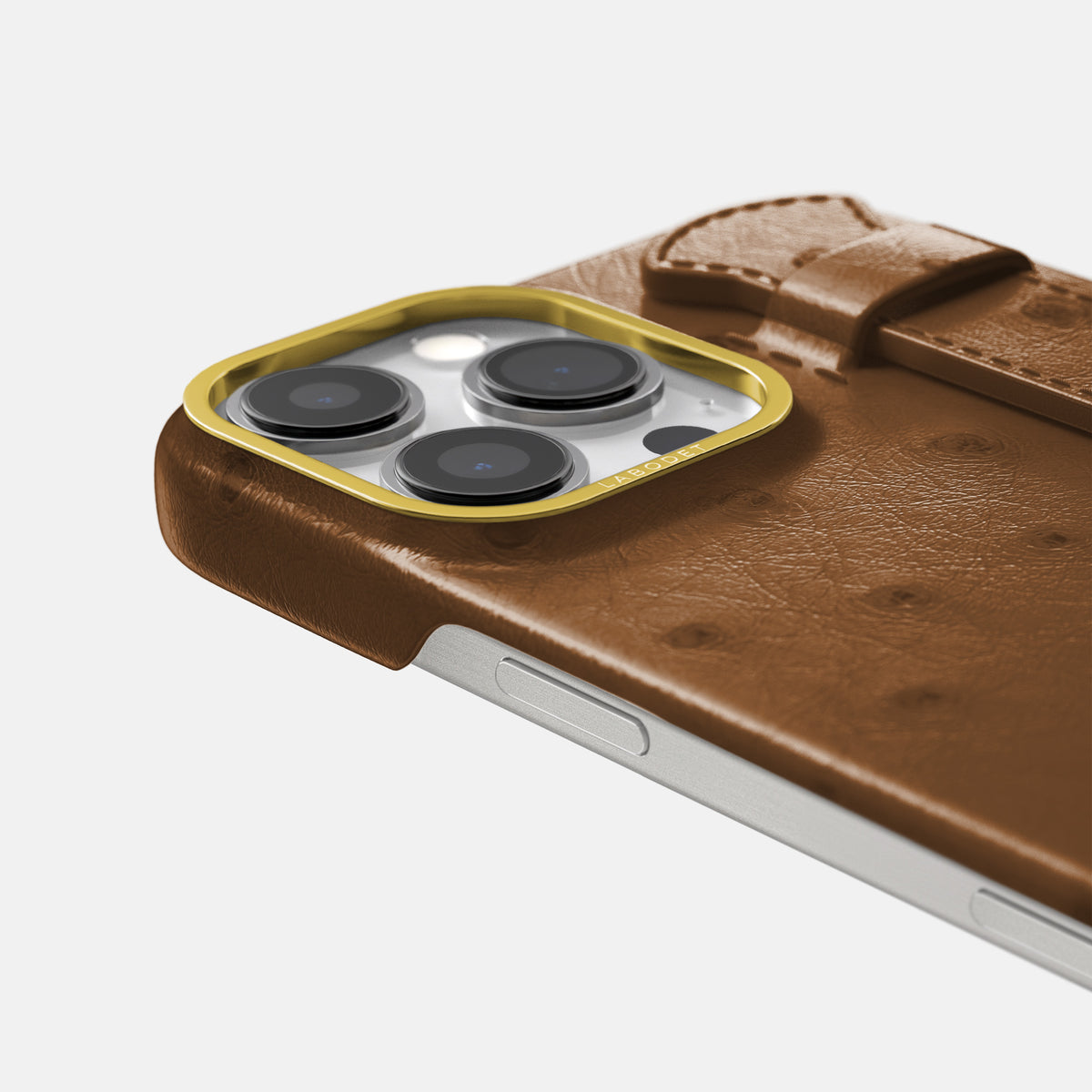 Medium-Brown iPhone 16 Pro Max Handle Case Ostrich with Gold Metal -6 | Medium-Brown-Gold
