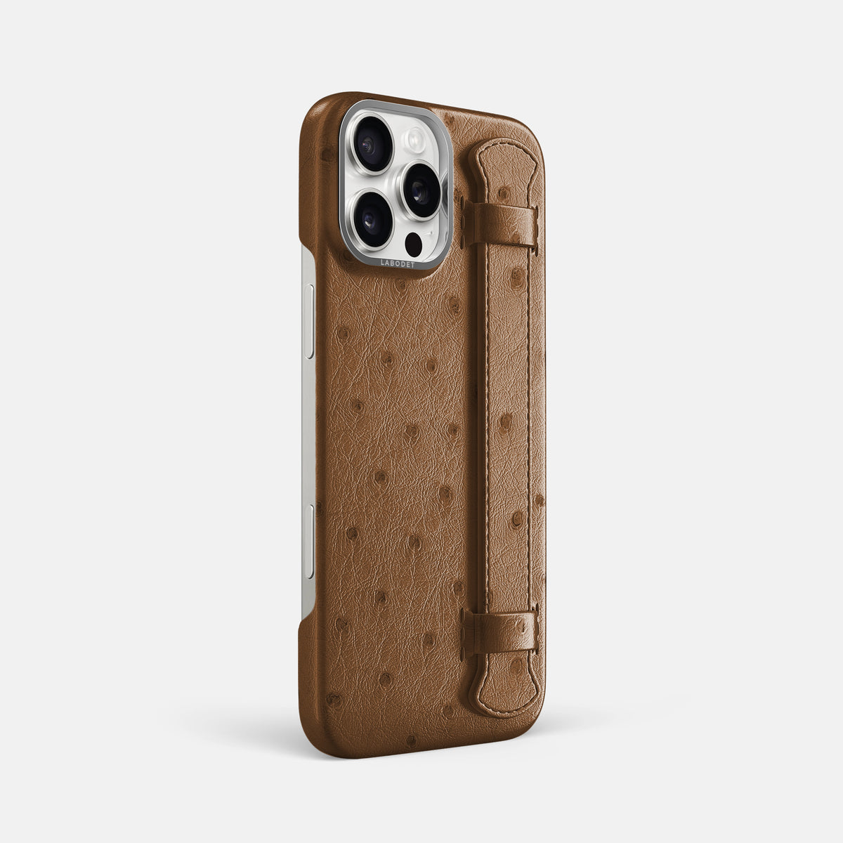 Medium-Brown iPhone 16 Pro Max Handle Case Ostrich with Steel Metal -2 | Medium-Brown-Steel