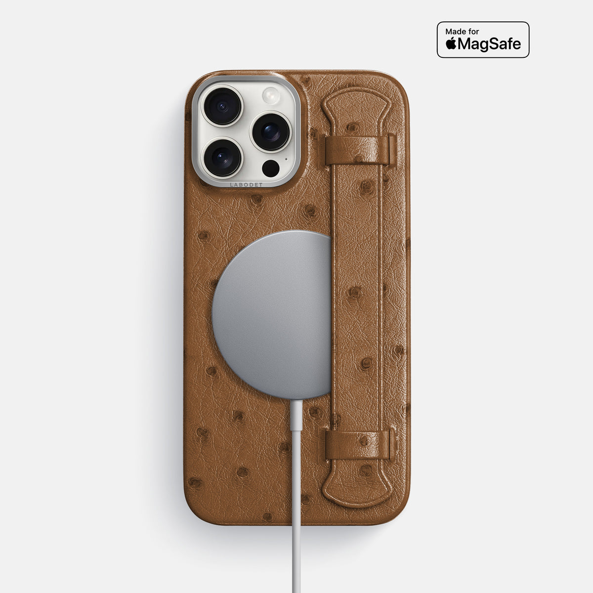 Medium-Brown iPhone 16 Pro Max Handle Case Ostrich with Steel Metal -5 | Medium-Brown-Steel