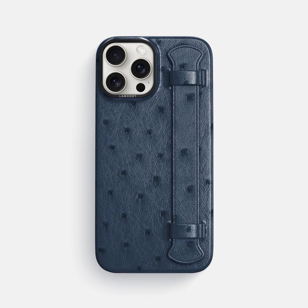 Navy-Blue iPhone 16 Pro Max Handle Case Ostrich with Black Metal -1 | Navy-Blue-Black