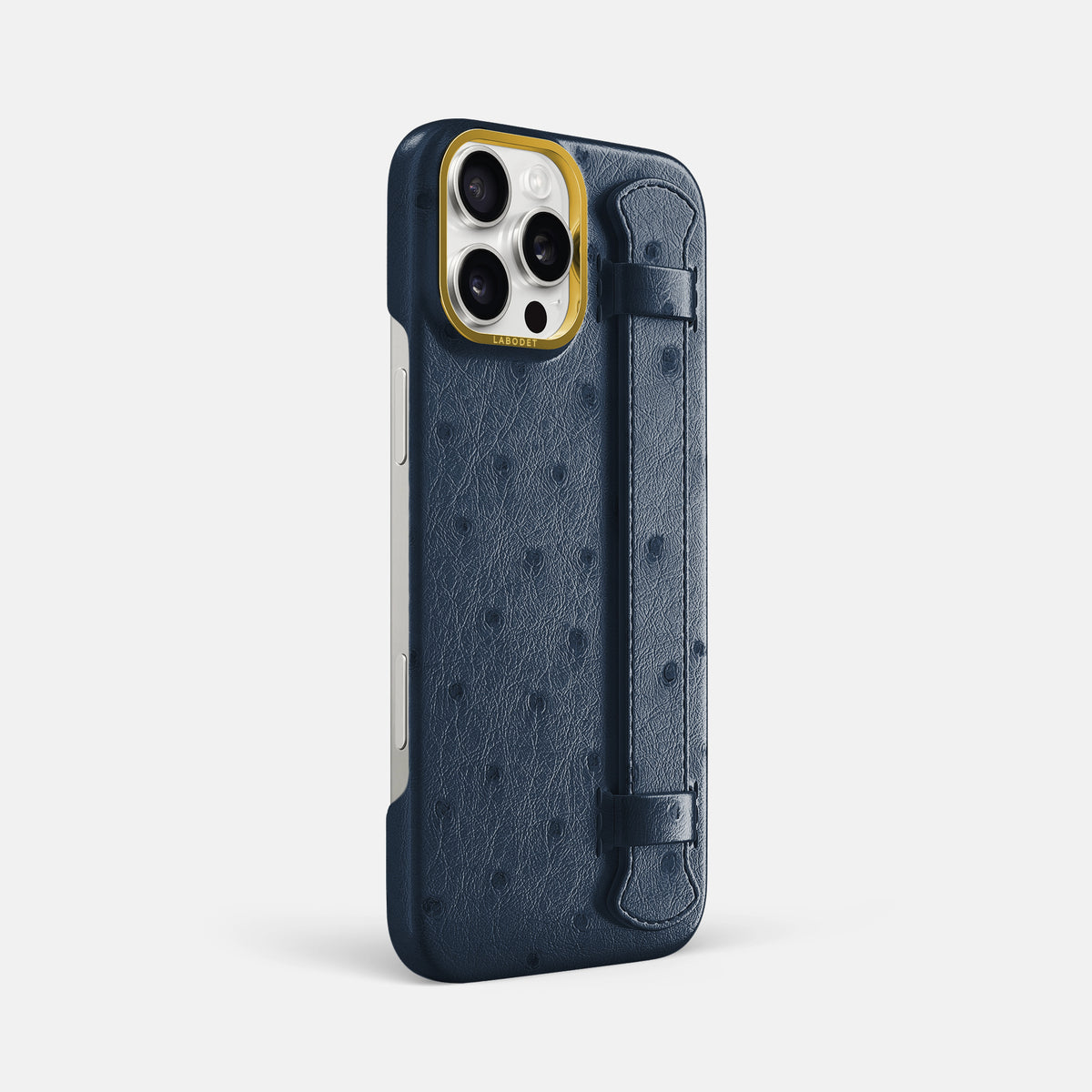 Navy-Blue iPhone 16 Pro Max Handle Case Ostrich with Gold Metal -2 | Navy-Blue-Gold