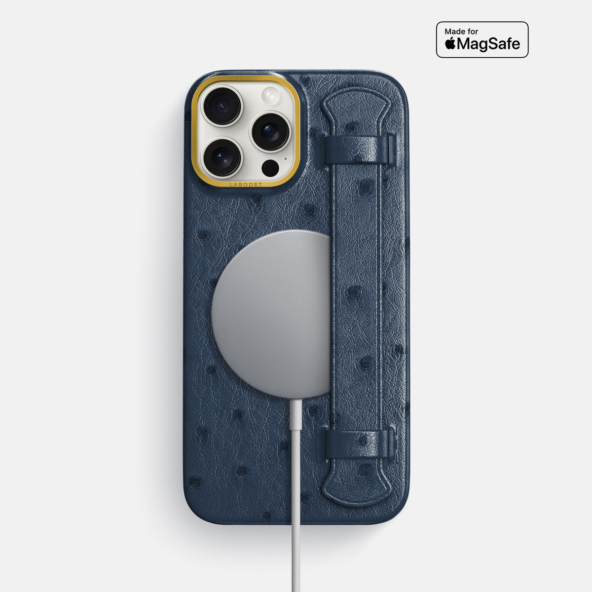 Navy-Blue iPhone 16 Pro Max Handle Case Ostrich with Gold Metal -5 | Navy-Blue-Gold