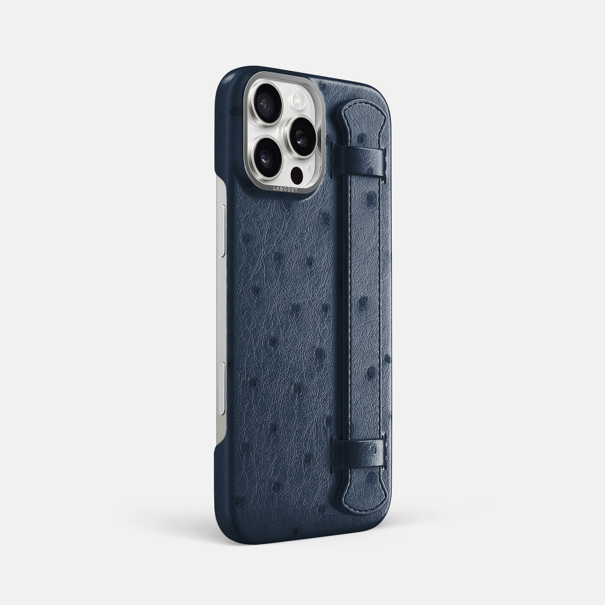Navy-Blue iPhone 16 Pro Max Handle Case Ostrich with Steel Metal -2 | Navy-Blue-Steel