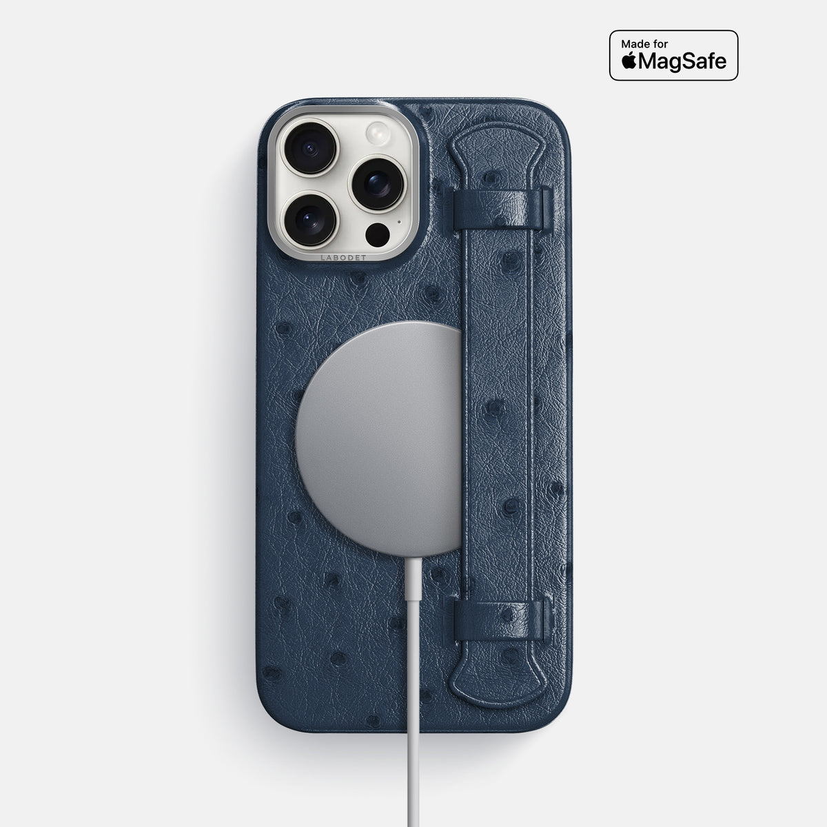 Navy-Blue iPhone 16 Pro Max Handle Case Ostrich with Steel Metal -5 | Navy-Blue-Steel