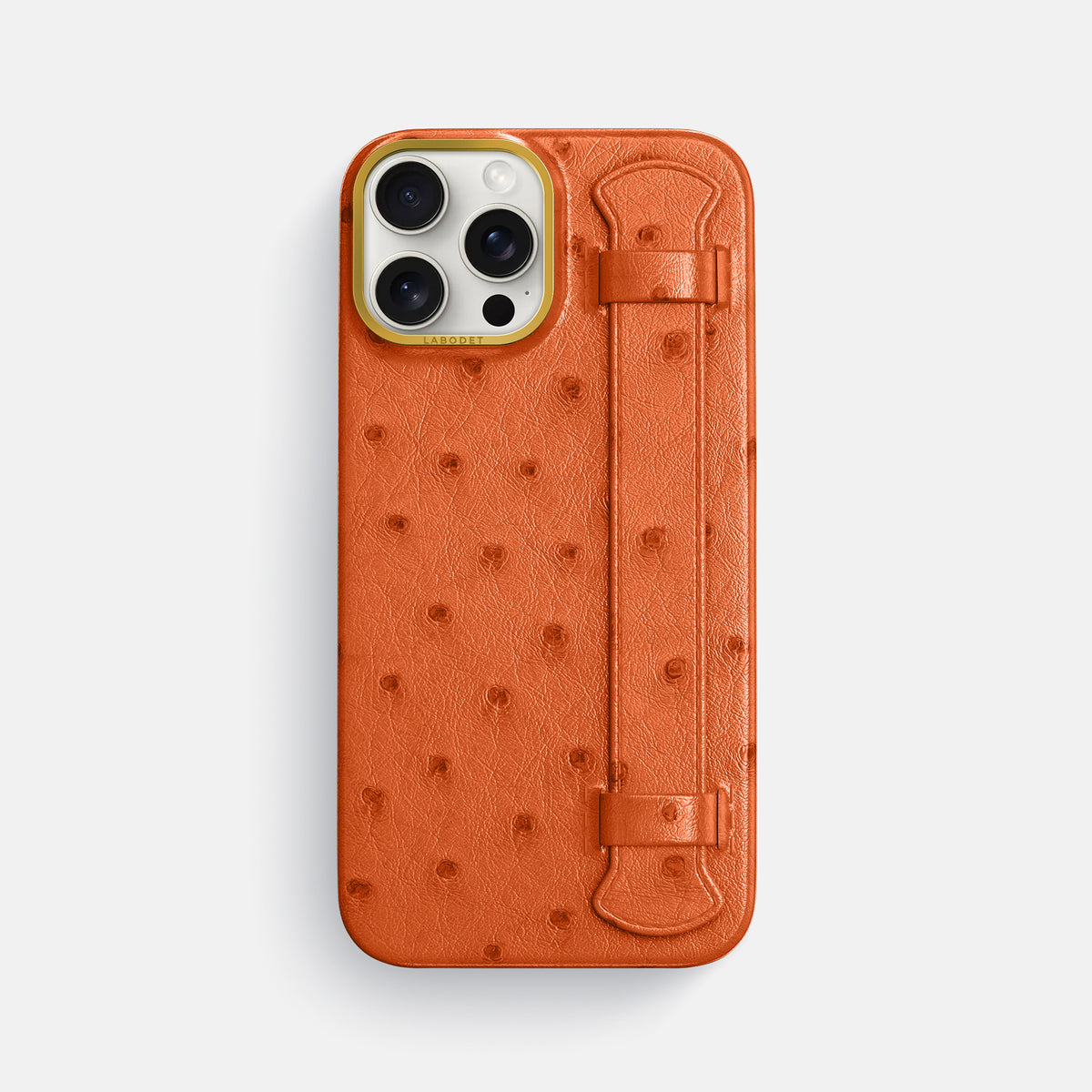 Orange iPhone 16 Pro Max Handle Case Ostrich with Gold Metal -1 | Orange-Gold