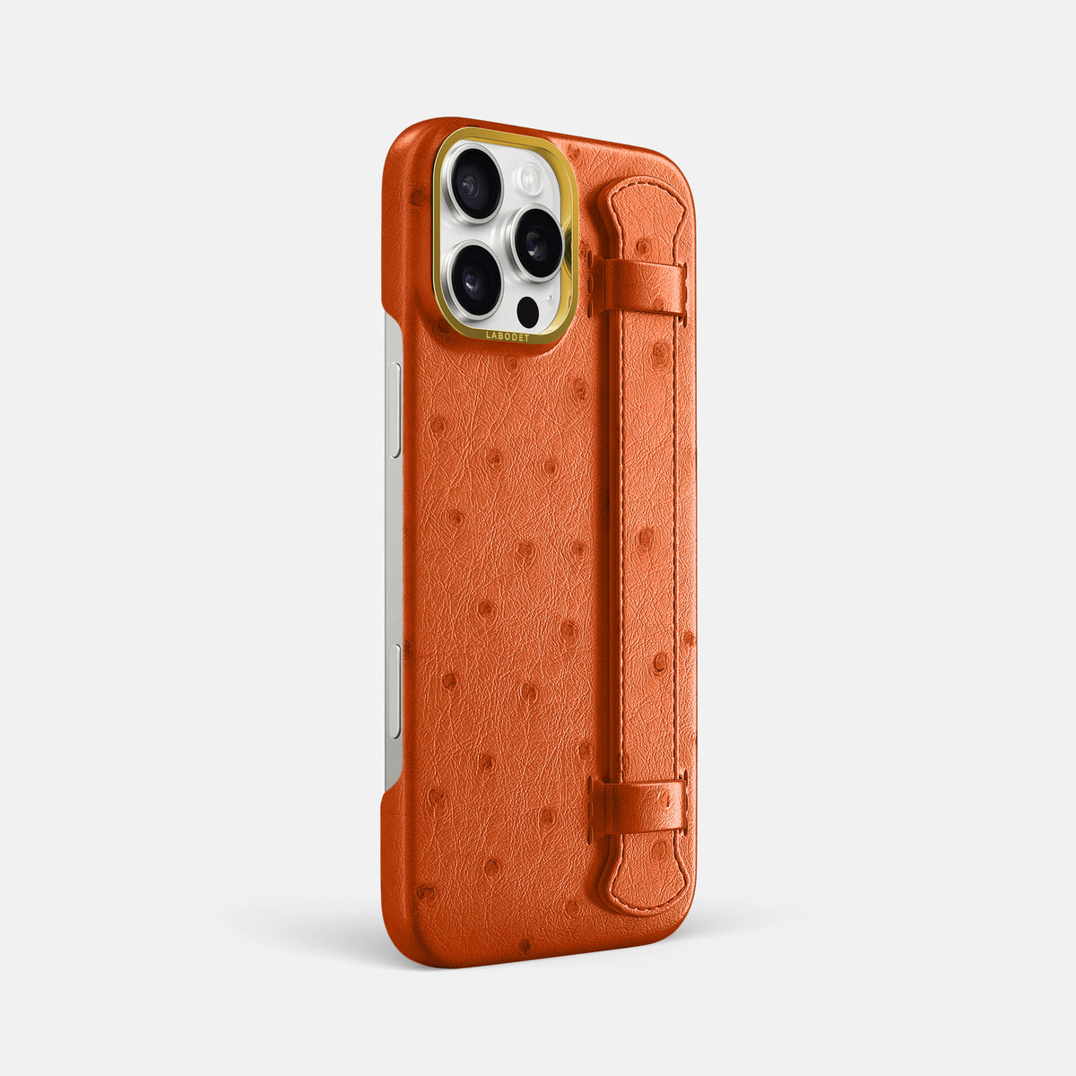 Orange iPhone 16 Pro Max Handle Case Ostrich with Gold Metal -2 | Orange-Gold