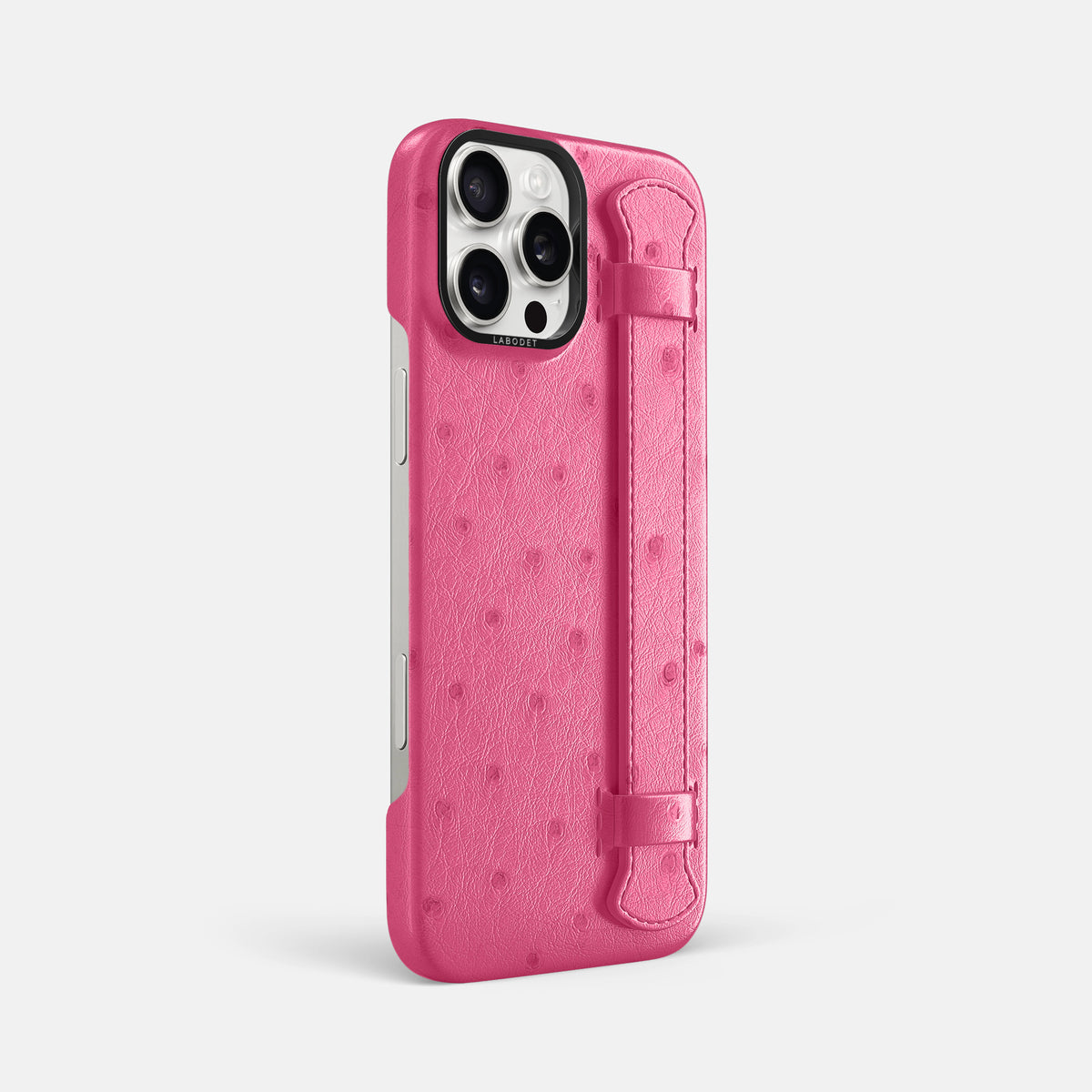 Pink iPhone 16 Pro Max Handle Case Ostrich with Black Metal -2 | Pink-Black