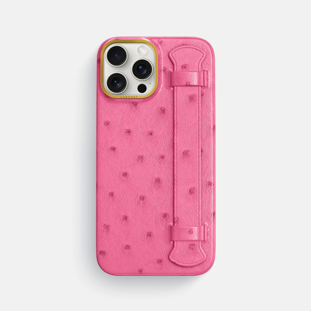 Pink iPhone 16 Pro Max Handle Case Ostrich with Gold Metal -1 | Pink-Gold