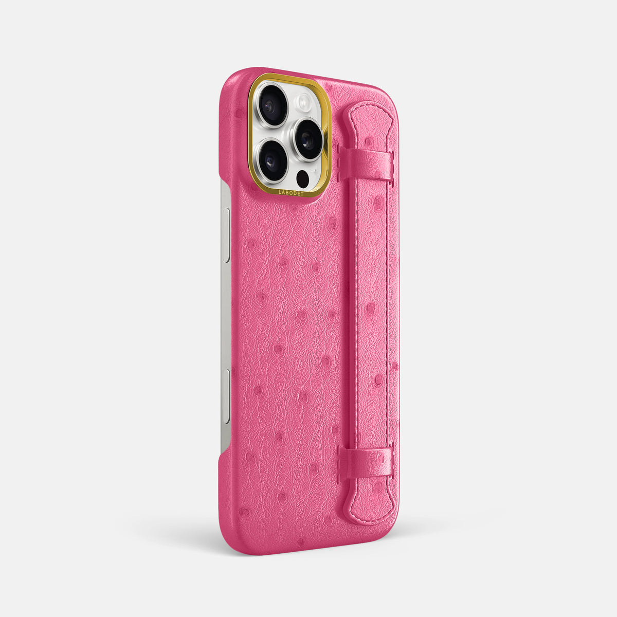 Pink iPhone 16 Pro Max Handle Case Ostrich with Gold Metal -2 | Pink-Gold
