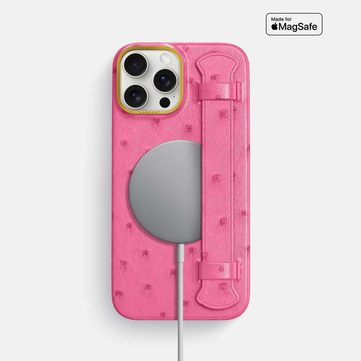 Pink iPhone 16 Pro Max Handle Case Ostrich with Gold Metal -5 | Pink-Gold
