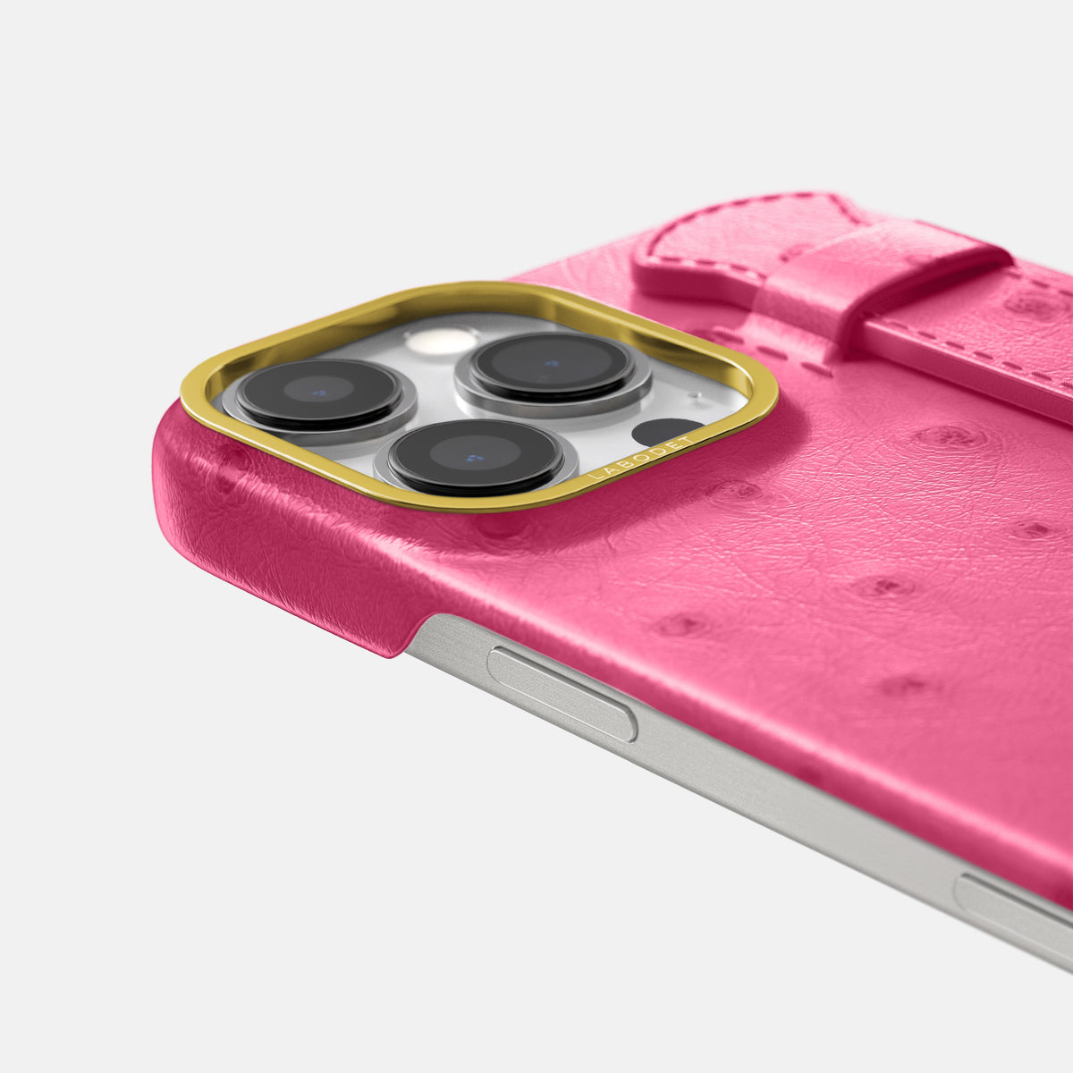 Pink iPhone 16 Pro Max Handle Case Ostrich with Gold Metal -6 | Pink-Gold