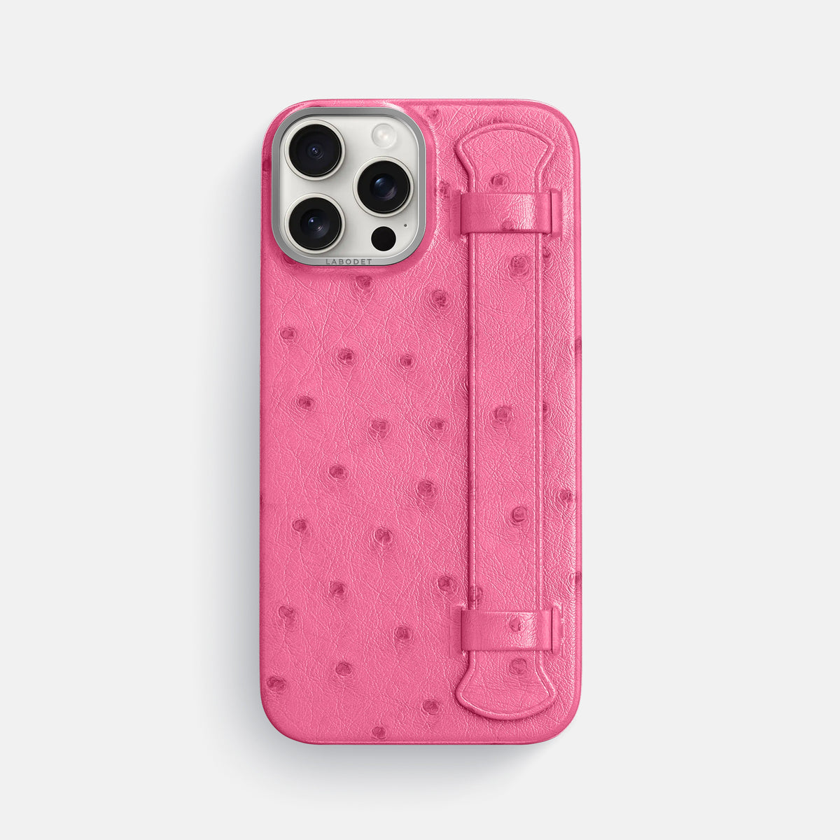 Pink iPhone 16 Pro Max Handle Case Ostrich with Steel Metal -1 | Pink-Steel