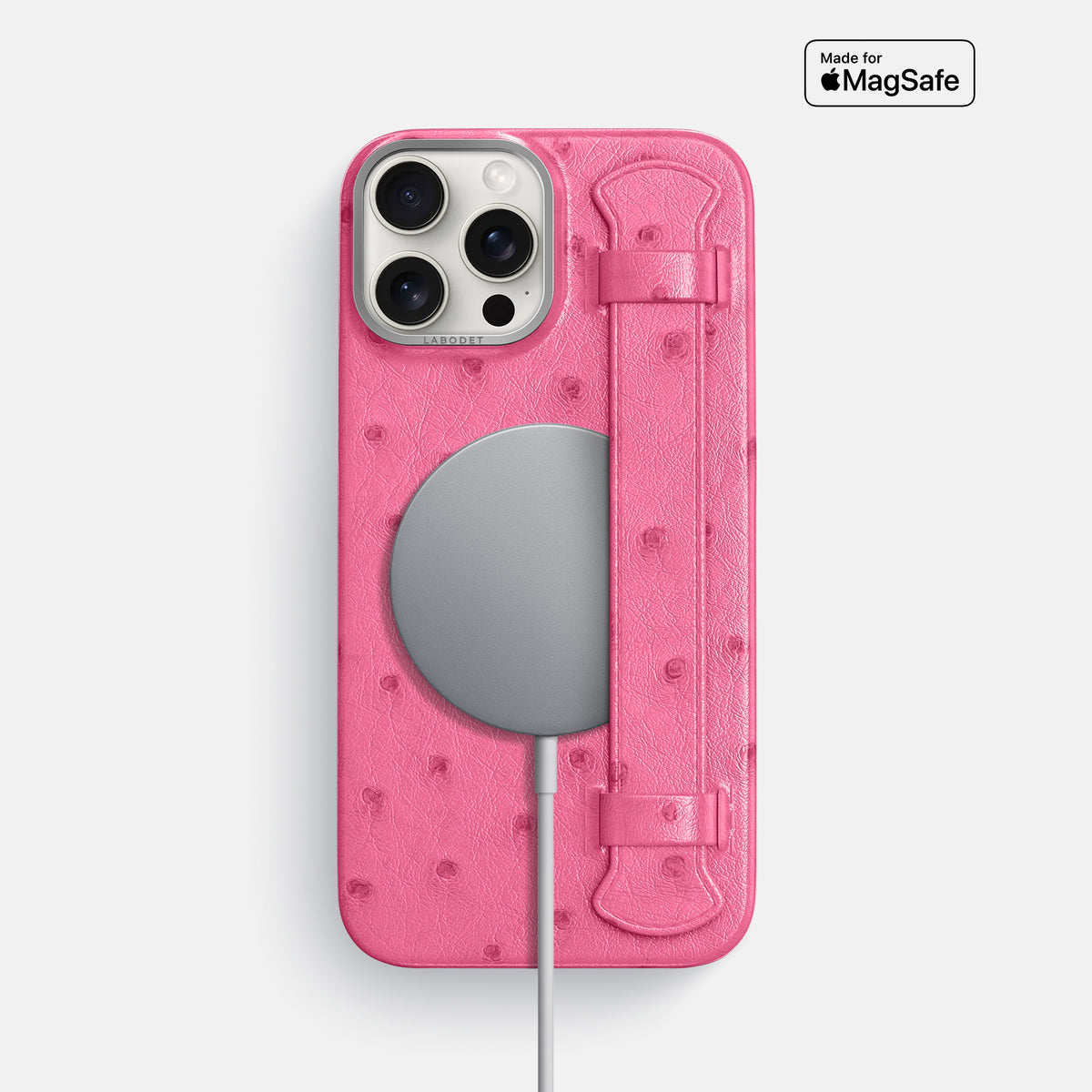 Pink iPhone 16 Pro Max Handle Case Ostrich with Steel Metal -5 | Pink-Steel