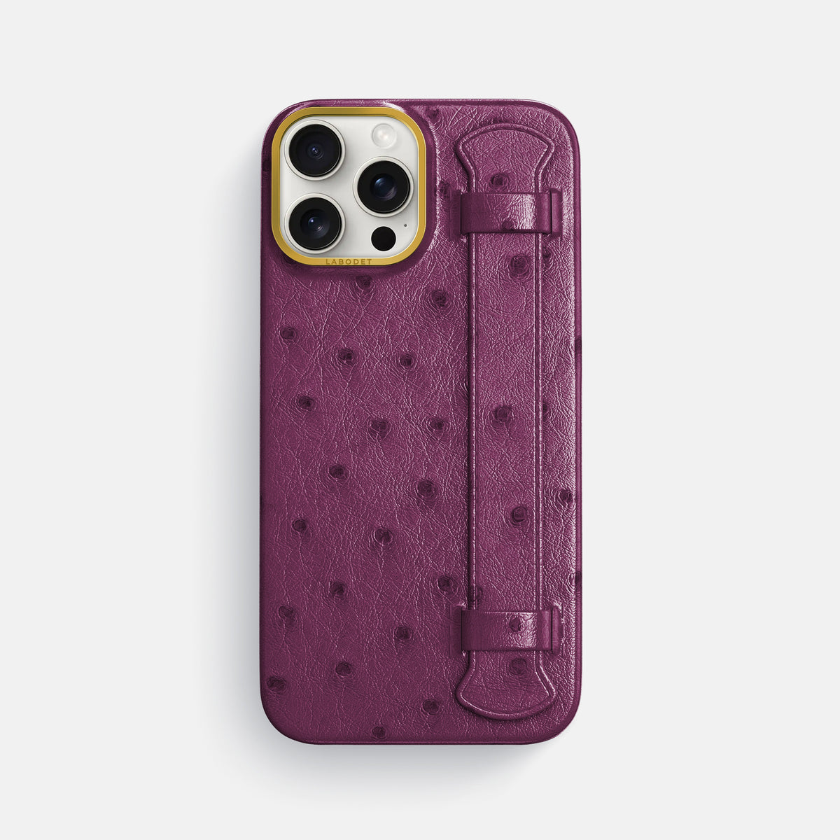 Purple iPhone 16 Pro Max Handle Case Ostrich with Gold Metal -1 | Purple-Gold