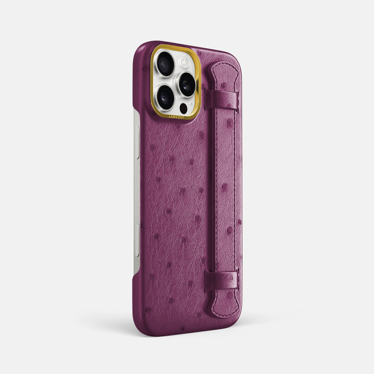 Purple iPhone 16 Pro Max Handle Case Ostrich with Gold Metal -2 | Purple-Gold