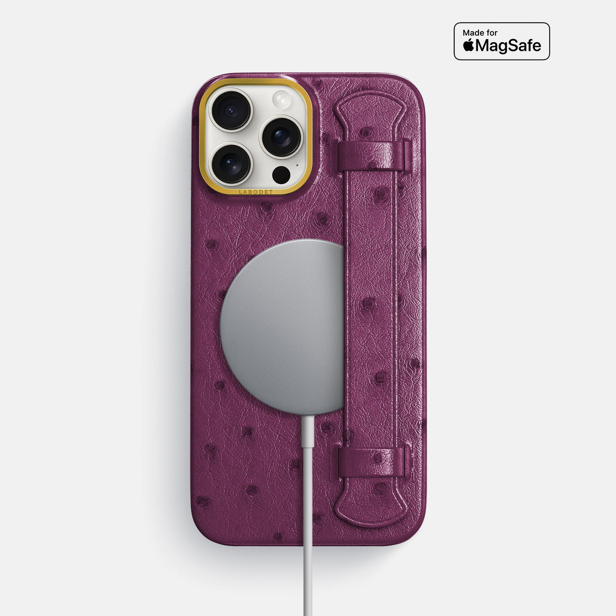 Purple iPhone 16 Pro Max Handle Case Ostrich with Gold Metal -5 | Purple-Gold