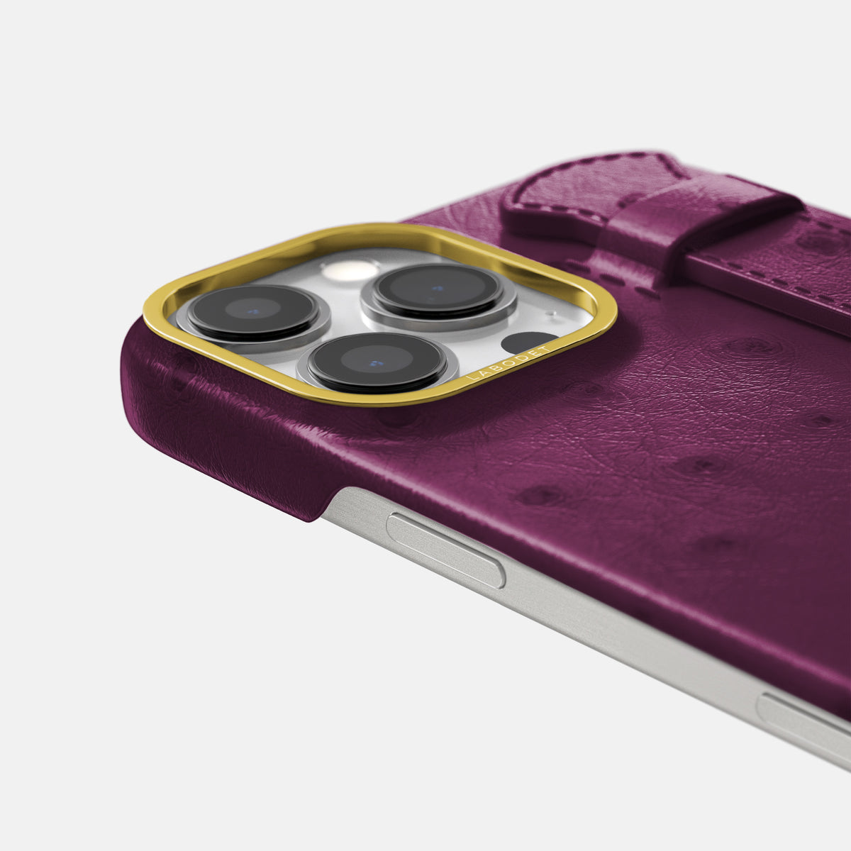 Purple iPhone 16 Pro Max Handle Case Ostrich with Gold Metal -6 | Purple-Gold