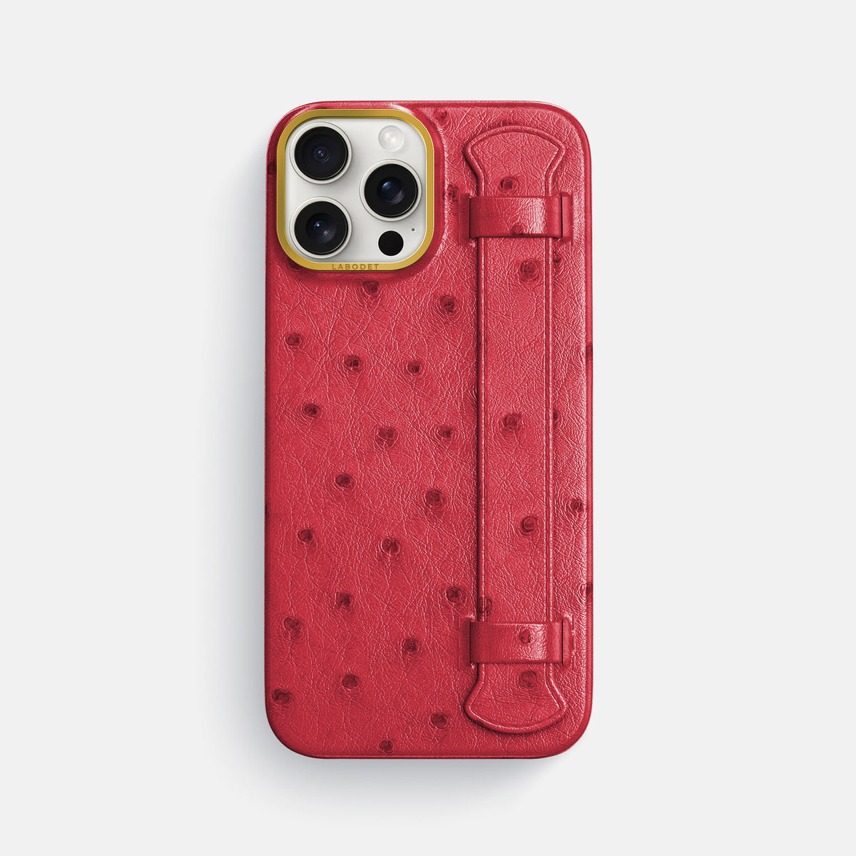 Red iPhone 16 Pro Max Handle Case Ostrich with Gold Metal -1 | Red-Gold