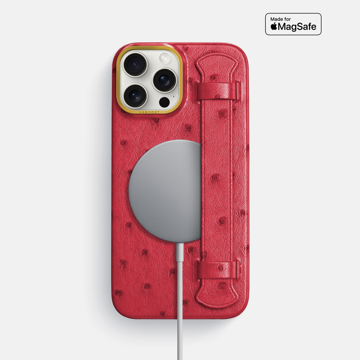 Red iPhone 16 Pro Max Handle Case Ostrich with Gold Metal -5 | Red-Gold