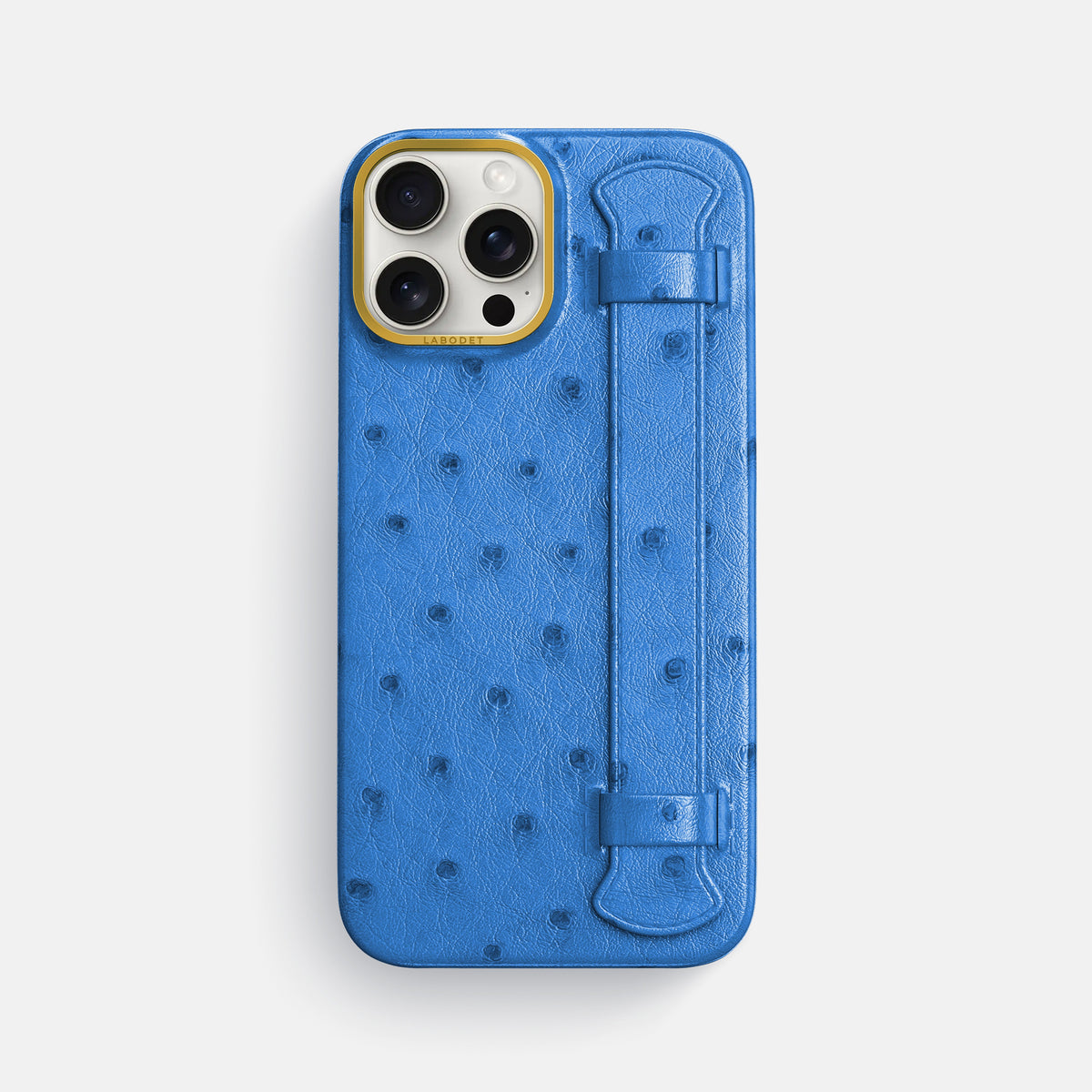 Royal-Blue iPhone 16 Pro Max Handle Case Ostrich with Gold Metal -1 | Royal-Blue-Gold