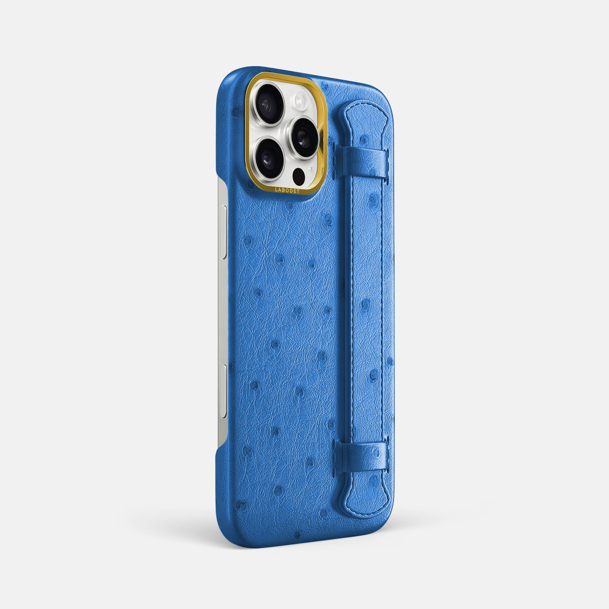 Royal-Blue iPhone 16 Pro Max Handle Case Ostrich with Gold Metal -2 | Royal-Blue-Gold