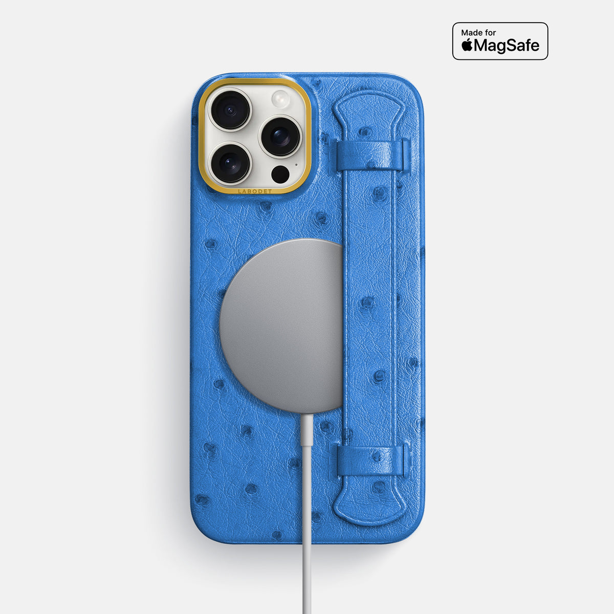 Royal-Blue iPhone 16 Pro Max Handle Case Ostrich with Gold Metal -5 | Royal-Blue-Gold
