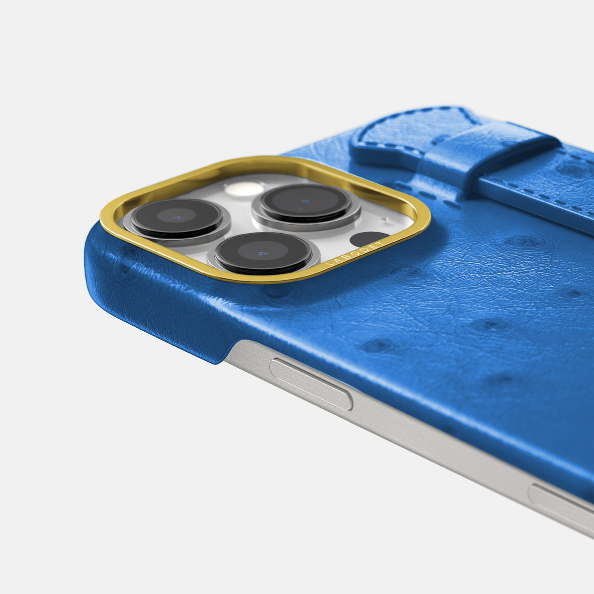 Royal-Blue iPhone 16 Pro Max Handle Case Ostrich with Gold Metal -6 | Royal-Blue-Gold