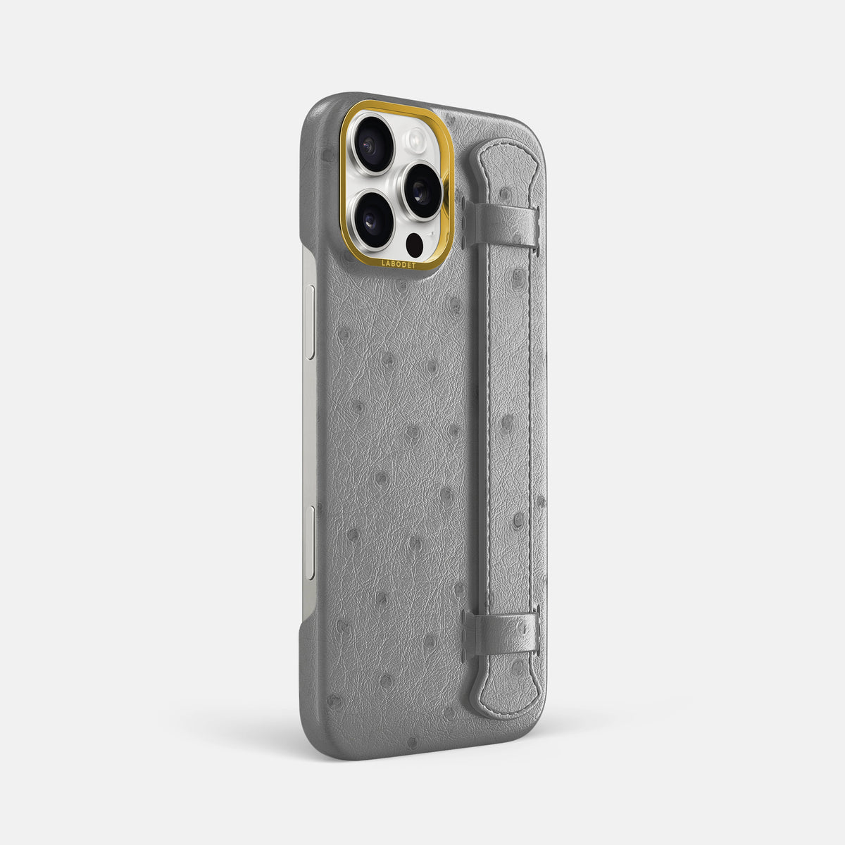 Silver iPhone 16 Pro Max Handle Case Ostrich with Gold Metal -2 | Silver-Gold
