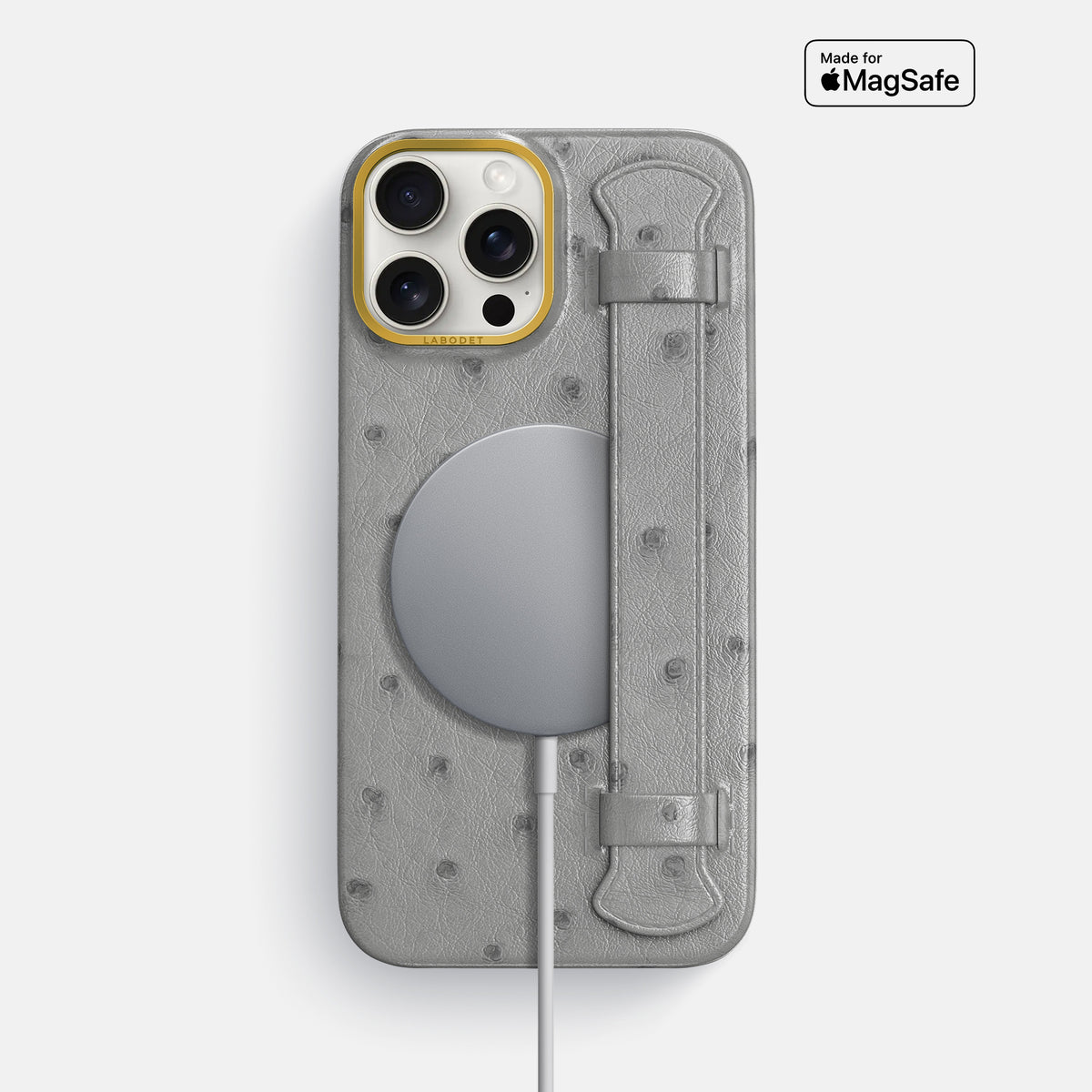 Silver iPhone 16 Pro Max Handle Case Ostrich with Gold Metal -5 | Silver-Gold