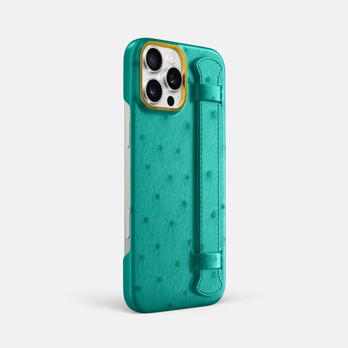Turquoise iPhone 16 Pro Max Handle Case Ostrich with Gold Metal -2 | Turquoise-Gold