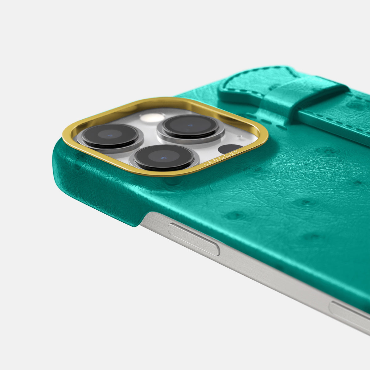 Turquoise iPhone 16 Pro Max Handle Case Ostrich with Gold Metal -6 | Turquoise-Gold