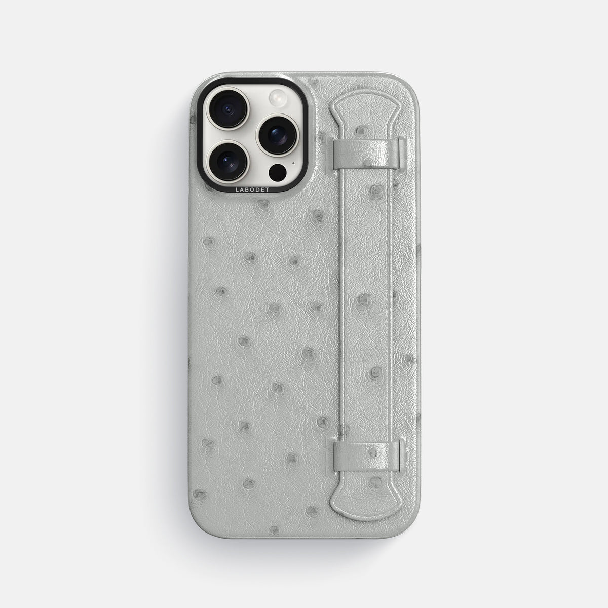 White iPhone 16 Pro Max Handle Case Ostrich with Black Metal -1 | White-Black