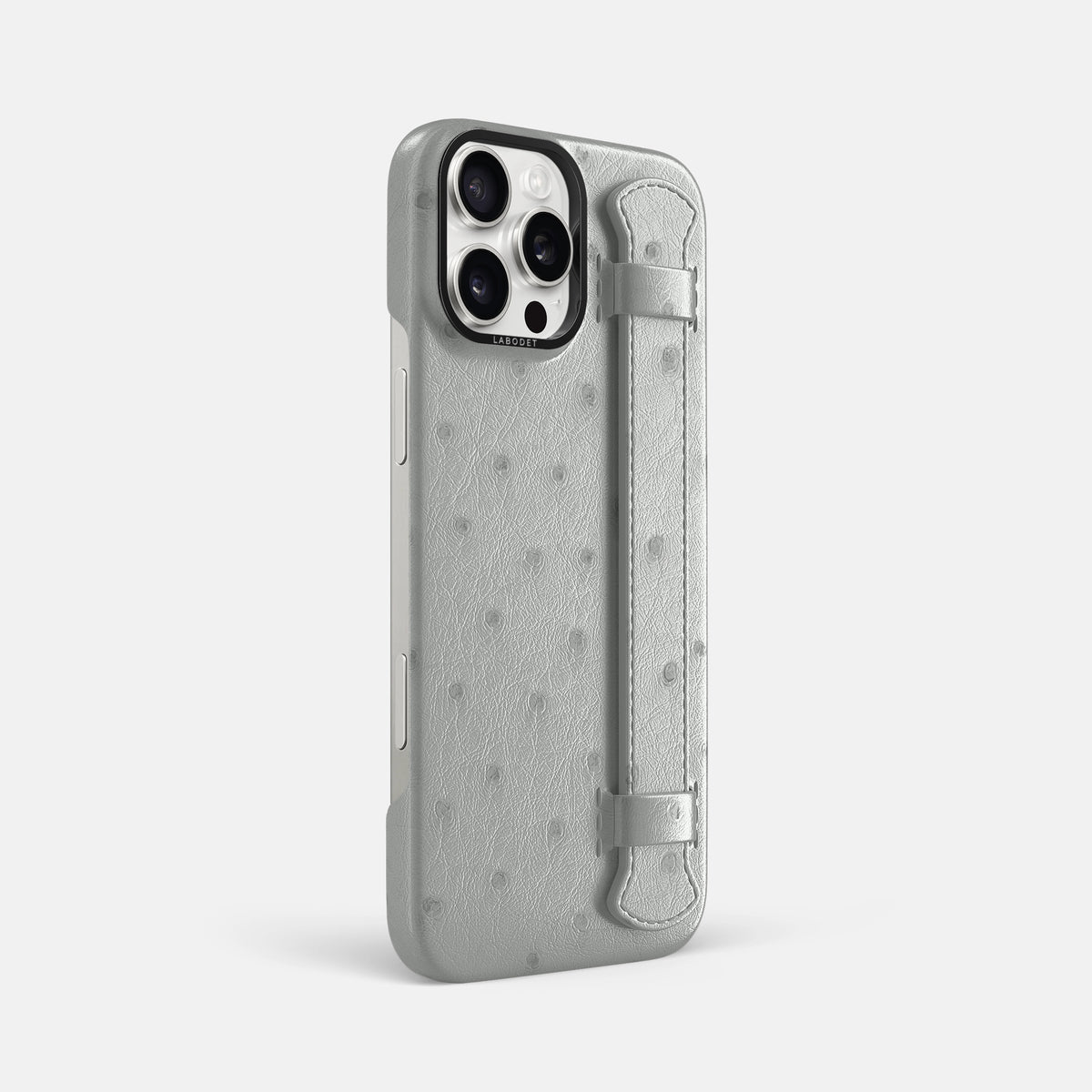 White iPhone 16 Pro Max Handle Case Ostrich with Black Metal -2 | White-Black