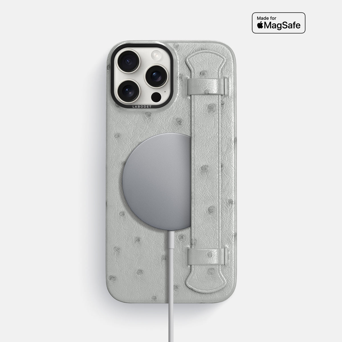White iPhone 16 Pro Max Handle Case Ostrich with Black Metal -5 | White-Black