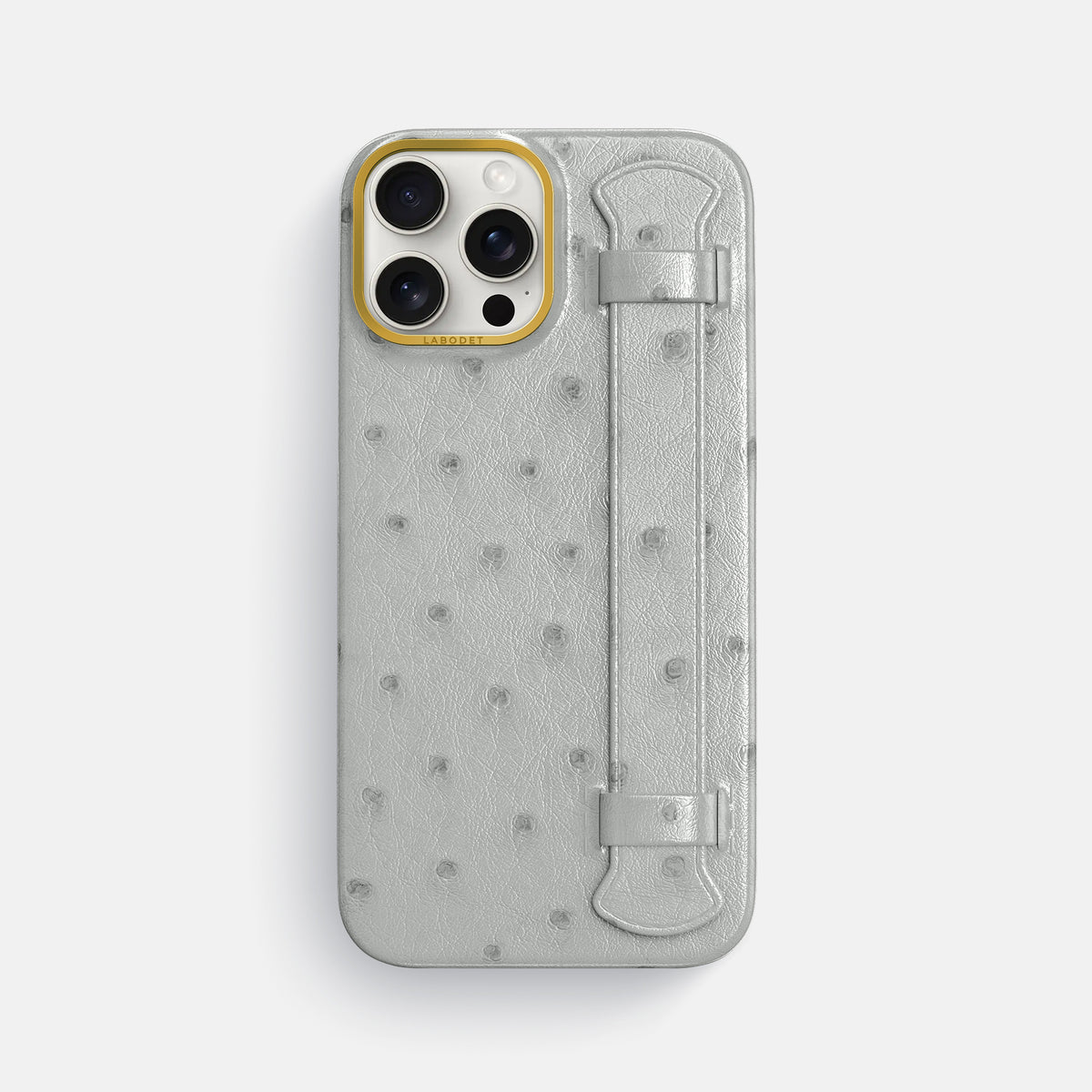 White iPhone 16 Pro Max Handle Case Ostrich with Gold Metal -1 | White-Gold