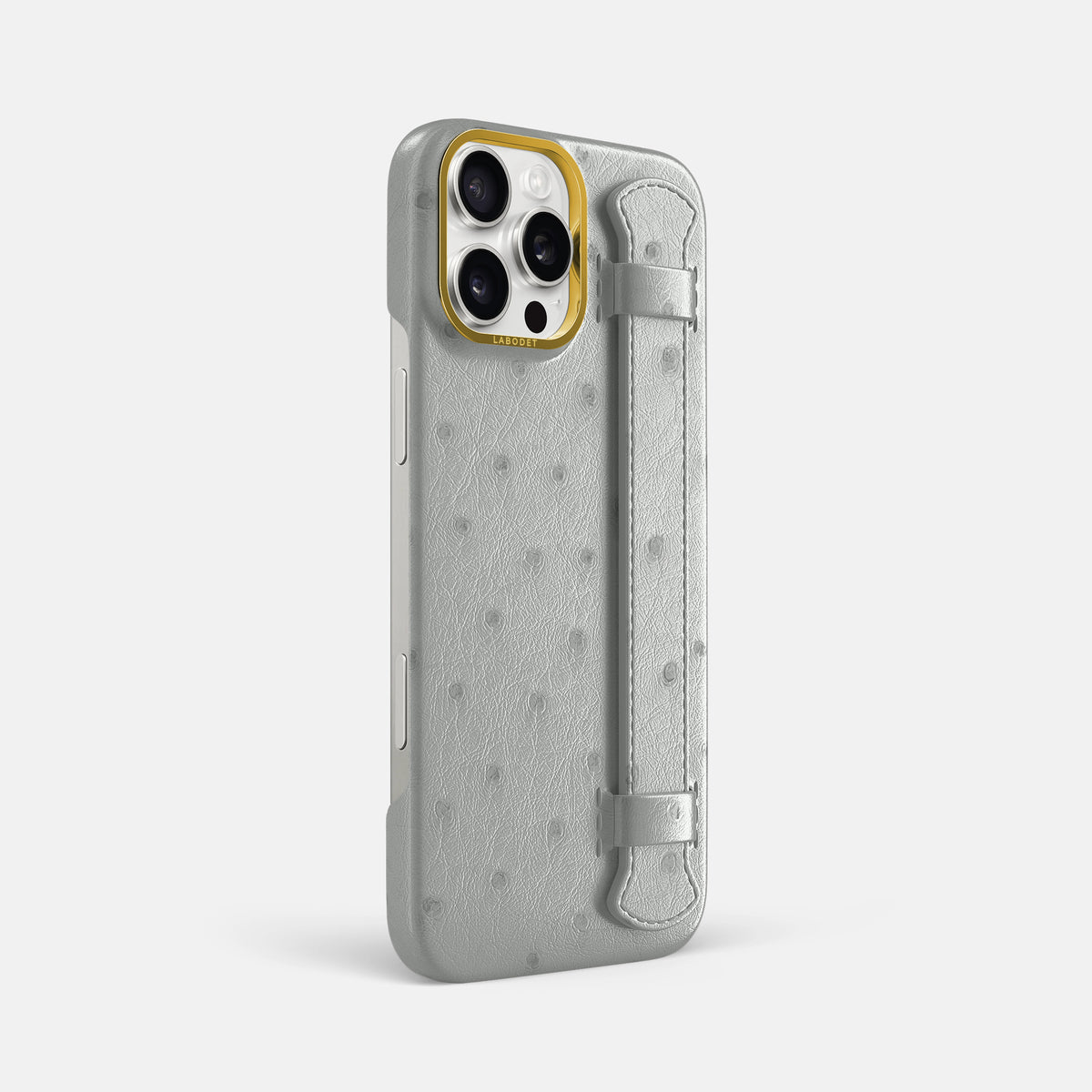 White iPhone 16 Pro Max Handle Case Ostrich with Gold Metal -2 | White-Gold
