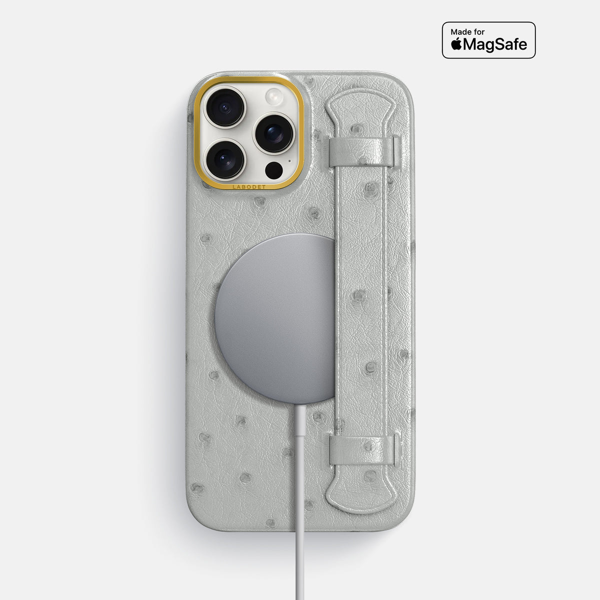White iPhone 16 Pro Max Handle Case Ostrich with Gold Metal -5 | White-Gold