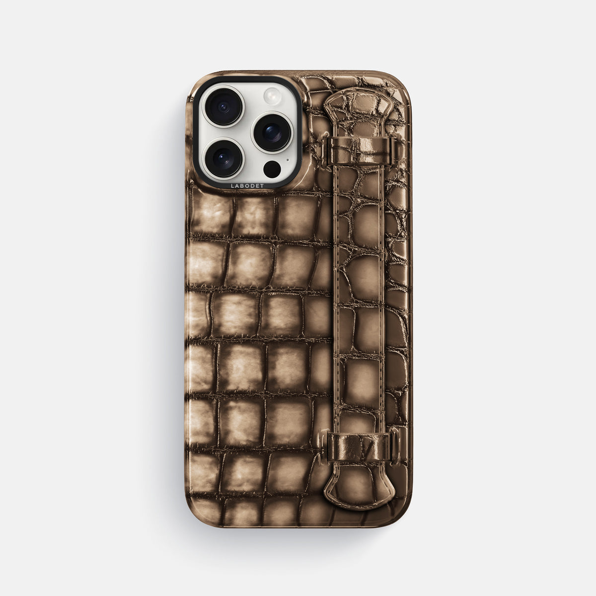 Etoupe iPhone 16 Pro Max Handle Case Patina Alligator with Black Metal -1 | Etoupe-Black